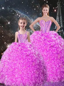 Hot Selling Sweetheart Sleeveless 15 Quinceanera Dress Floor Length Beading and Ruffles Lilac Organza