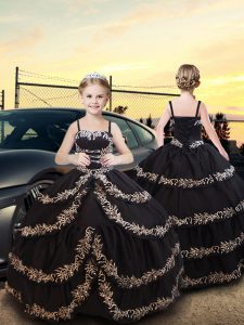 Black Lace Up Spaghetti Straps Embroidery and Ruffled Layers Little Girl Pageant Gowns Taffeta Sleeveless