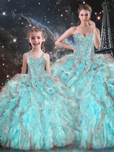 Clearance Aqua Blue Ball Gown Prom Dress Military Ball and Sweet 16 and Quinceanera with Beading and Ruffles Sweetheart Sleeveless Lace Up
