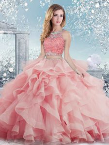 On Sale Baby Pink Ball Gowns Beading and Ruffles Sweet 16 Dresses Clasp Handle Satin Sleeveless Floor Length
