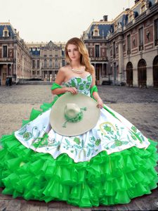 Graceful Floor Length Lace Up Sweet 16 Quinceanera Dress Green for Military Ball and Sweet 16 and Quinceanera with Embroidery and Ruffled Layers