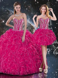 Unique Sweetheart Sleeveless Ball Gown Prom Dress Floor Length Beading and Ruffles Hot Pink Organza