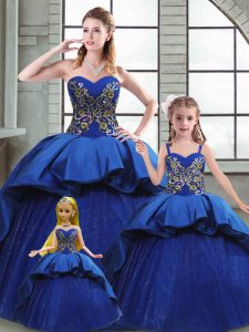 Modest Sleeveless Taffeta Court Train Lace Up Quinceanera Gowns in Blue with Beading and Appliques and Embroidery