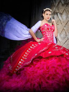 Smart Hot Pink Sweetheart Lace Up Embroidery and Ruffles Quinceanera Gown Brush Train Sleeveless