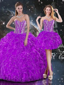 Stunning Sleeveless Floor Length Beading and Ruffles Lace Up Ball Gown Prom Dress with Purple