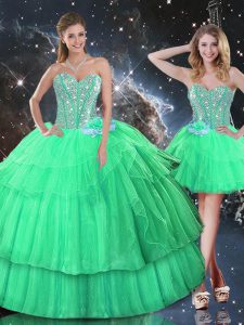 Apple Green Ball Gowns Organza Sweetheart Sleeveless Ruffled Layers and Sequins Floor Length Lace Up 15th Birthday Dress