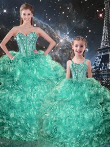 Turquoise Lace Up Sweetheart Beading and Ruffles Quinceanera Gown Organza Sleeveless