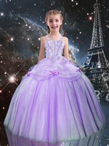 Lilac Tulle Lace Up Straps Sleeveless Floor Length Little Girl Pageant Gowns Beading