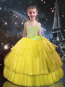 Light Yellow Ball Gowns Tulle Straps Sleeveless Beading and Ruffled Layers Floor Length Lace Up Little Girl Pageant Dress