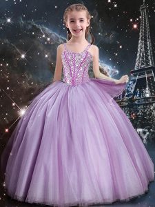 Excellent Lilac Ball Gowns Tulle Straps Sleeveless Beading Floor Length Lace Up Child Pageant Dress
