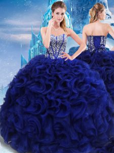 Inexpensive Royal Blue Ball Gowns Beading Quinceanera Dresses Lace Up Fabric With Rolling Flowers Sleeveless Floor Length