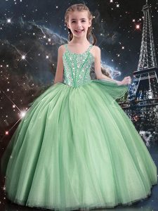 Apple Green Tulle Lace Up Little Girl Pageant Dress Sleeveless Floor Length Beading