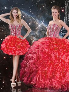 Ideal Floor Length Lace Up 15th Birthday Dress Coral Red for Military Ball and Sweet 16 and Quinceanera with Beading and Ruffles