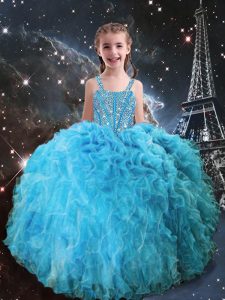 Floor Length Aqua Blue Little Girl Pageant Gowns Straps Sleeveless Lace Up