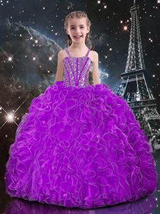 Eggplant Purple Lace Up Straps Beading and Ruffles Little Girl Pageant Gowns Organza Sleeveless