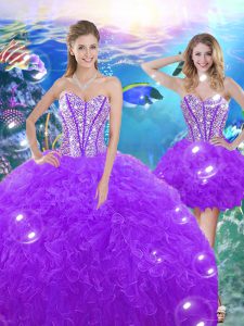 Sweetheart Sleeveless 15th Birthday Dress Floor Length Beading and Ruffles Purple Organza