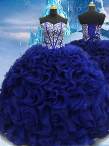 Superior Royal Blue Sleeveless Fabric With Rolling Flowers Lace Up Vestidos de Quinceanera for Military Ball and Sweet 16 and Quinceanera