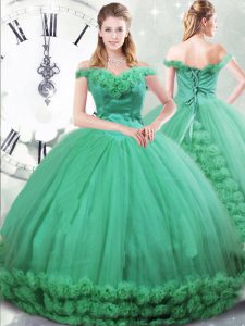 Eye-catching Lace Up Vestidos de Quinceanera Turquoise for Military Ball and Sweet 16 and Quinceanera with Hand Made Flower Brush Train