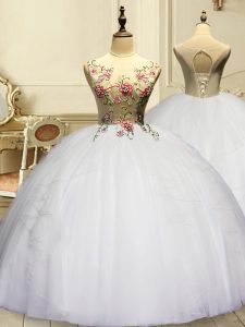Organza Scoop Sleeveless Lace Up Appliques and Ruffles 15 Quinceanera Dress in White