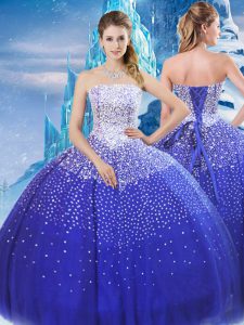 Extravagant Blue Strapless Lace Up Beading Quinceanera Gowns Sleeveless