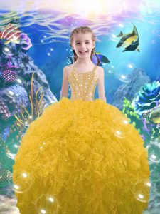 Organza Straps Sleeveless Lace Up Beading and Ruffles Little Girl Pageant Dress in Gold