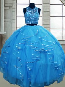 Dynamic Baby Blue Lace Up Quinceanera Dress Beading and Ruffles Sleeveless Floor Length