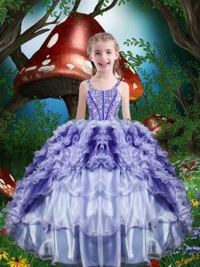 Modern Purple Sleeveless Floor Length Beading and Ruffles and Ruffled Layers Lace Up Girls Pageant Dresses