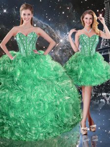 Stylish Sleeveless Organza Floor Length Lace Up Quince Ball Gowns in Green with Beading and Ruffles