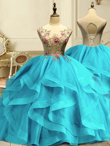 Inexpensive Aqua Blue Sleeveless Floor Length Appliques and Ruffles Lace Up Ball Gown Prom Dress