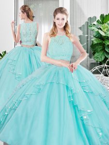 High End Aqua Blue Two Pieces Scoop Sleeveless Tulle Floor Length Zipper Lace and Ruffled Layers Quinceanera Gown