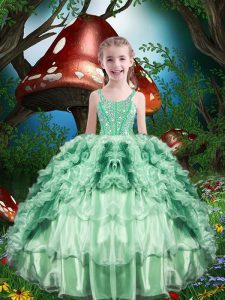 Apple Green Sleeveless Floor Length Beading and Ruffles and Ruffled Layers Lace Up Pageant Gowns For Girls