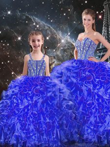 Sexy Blue Sleeveless Beading and Ruffles Floor Length 15th Birthday Dress