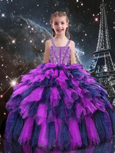 Excellent Eggplant Purple Lace Up Pageant Gowns For Girls Beading and Ruffles Sleeveless Floor Length