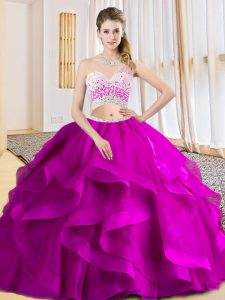 Fuchsia Sleeveless Beading and Ruffles Floor Length Sweet 16 Quinceanera Dress