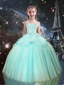 Hot Sale Aqua Blue Tulle Lace Up Pageant Gowns For Girls Sleeveless Floor Length Beading