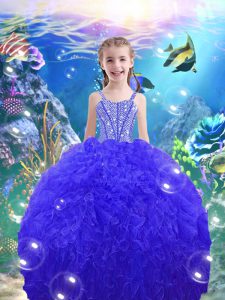 Floor Length Royal Blue Little Girls Pageant Dress Straps Sleeveless Lace Up