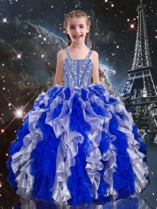 Blue Ball Gowns Beading and Ruffles Little Girl Pageant Gowns Lace Up Organza Sleeveless Floor Length
