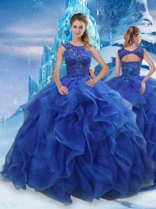 Blue Scoop Lace Up Beading and Ruffles Quinceanera Gowns Sleeveless