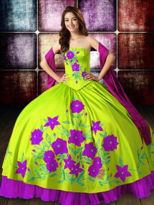 Exceptional Multi-color Lace Up Strapless Embroidery 15th Birthday Dress Satin Sleeveless