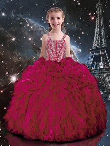 Latest Floor Length Hot Pink Kids Pageant Dress Organza Sleeveless Beading and Ruffles