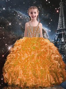 Ball Gowns Little Girls Pageant Gowns Orange Red Straps Organza Sleeveless Floor Length Lace Up