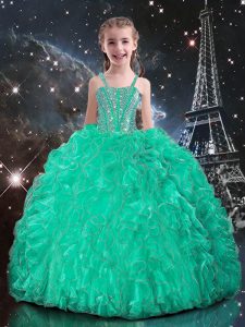 Turquoise Organza Lace Up Straps Sleeveless Floor Length Kids Pageant Dress Beading and Ruffles