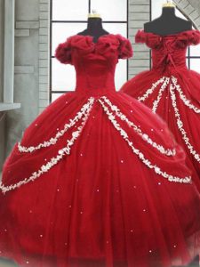 Wine Red 15 Quinceanera Dress Tulle Brush Train Sleeveless Appliques and Pick Ups