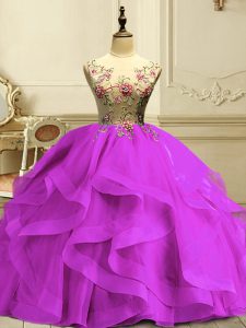 Fashion Fuchsia Organza Lace Up Vestidos de Quinceanera Sleeveless Floor Length Appliques and Ruffles