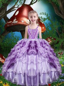 New Style Lavender Little Girls Pageant Dress Wholesale Quinceanera and Wedding Party with Beading and Ruffles and Ruffled Layers Straps Sleeveless Lace Up