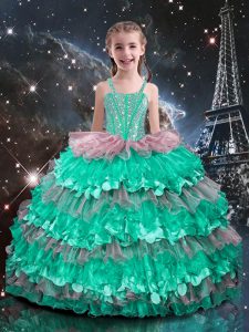 Beauteous Organza Straps Sleeveless Lace Up Beading and Ruffled Layers Little Girl Pageant Dress in Turquoise