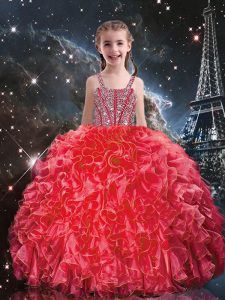 Coral Red Organza Lace Up Straps Sleeveless Floor Length Little Girls Pageant Dress Beading and Ruffles