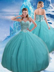 On Sale Sweetheart Sleeveless Ball Gown Prom Dress Floor Length Beading and Sequins Aqua Blue Tulle