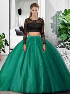 Ideal Long Sleeves Floor Length Lace and Ruching Backless Quince Ball Gowns with Dark Green