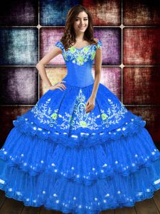 Stunning Blue Taffeta Lace Up Vestidos de Quinceanera Sleeveless Floor Length Embroidery and Ruffled Layers